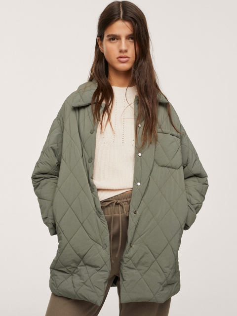

MANGO Women Olive Green Solid Longline Quilted Jacket