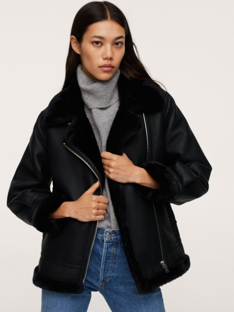

MANGO Women Black Solid Biker Jacket