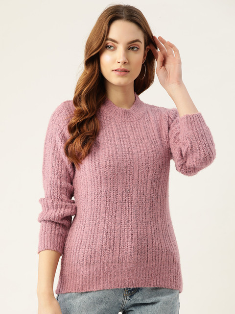

BROOWL Women Pink Self-Striped Pullover