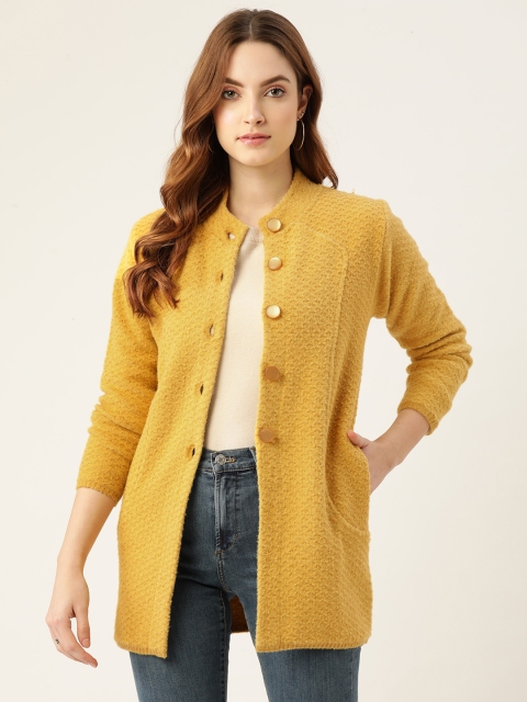 

BROOWL Women Mustard Yellow Longline Cardigan