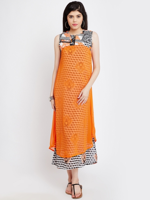 

AKKRITI BY PANTALOONS Women Orange & Black Printed Midi Dress