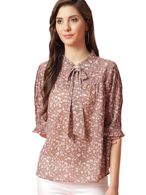 

Gipsy Brown Floral Tie-Up Neck Regular Top