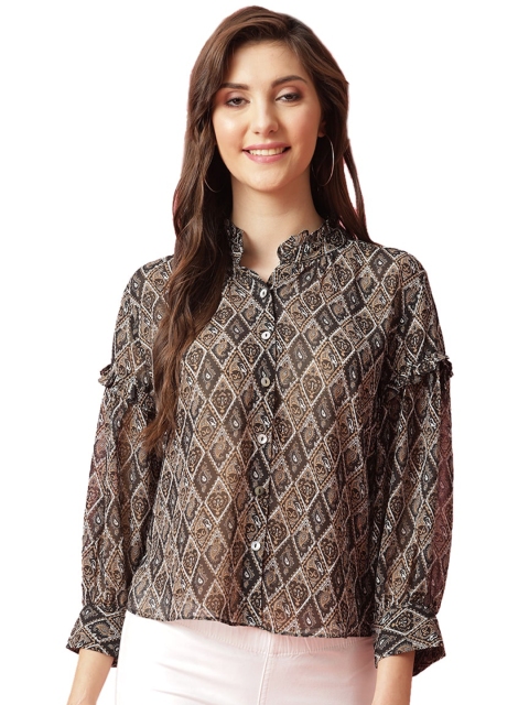 

Gipsy Black Geometric Mandarin Collar Shirt Style Top