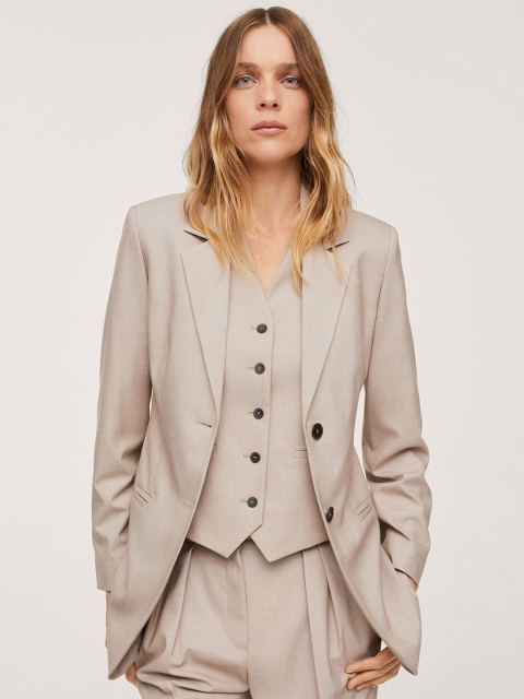 

MANGO Women Beige Solid Single-Breasted Blazer