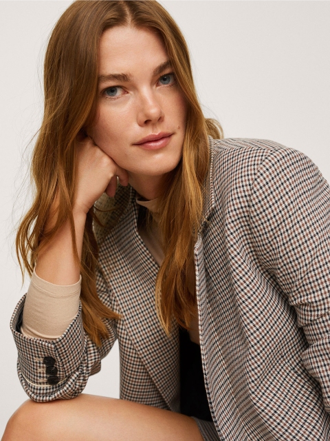 

MANGO Women Off-White & Navy Blue Checked Front Open Smart Casual Blazer