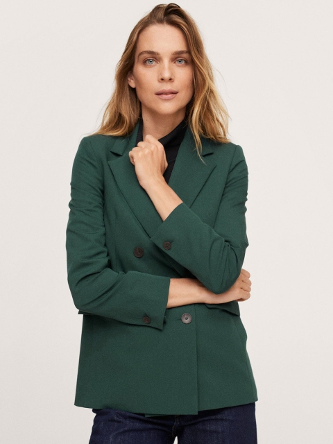 

MANGO Women Green Solid Double-Breasted Blazer