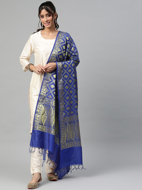 

BharatSthali Blue & Gold-Toned Ethnic Motifs Woven Design Cotton Silk Banarasi Dupatta