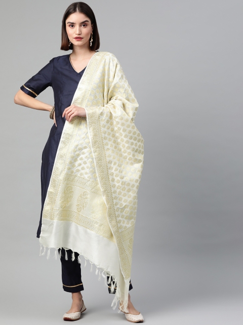 

BharatSthali White & Gold-Toned Ethnic Motifs Woven Design Cotton Silk Banarasi Dupatta