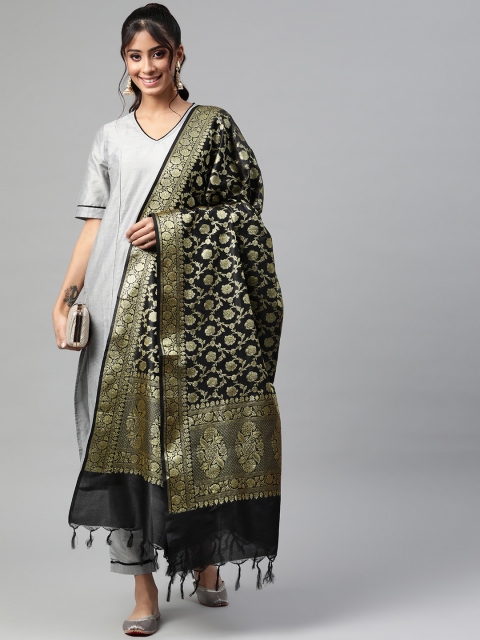 

BharatSthali Black & Gold-Toned Ethnic Motifs Woven Design Cotton Silk Banarasi Dupatta