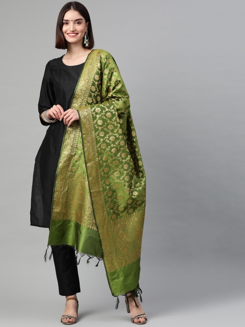 

BharatSthali Green & Gold-Toned Ethnic Motifs Woven Design Cotton Silk Banarasi Dupatta
