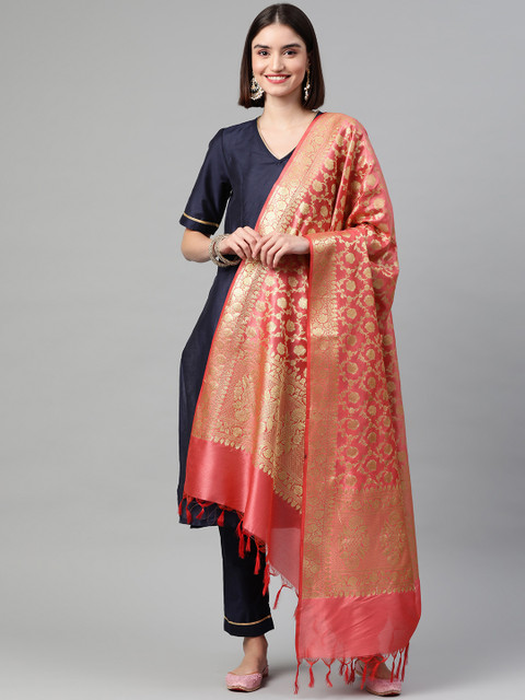 

BharatSthali Pink & Gold-Toned Ethnic Motifs Woven Design Cotton Silk Banarasi Dupatta