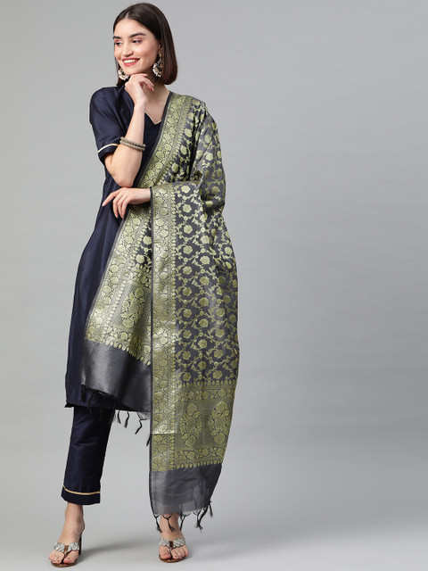

BharatSthali Grey & Gold-Toned Ethnic Motifs Woven Design Cotton Silk Banarasi Dupatta
