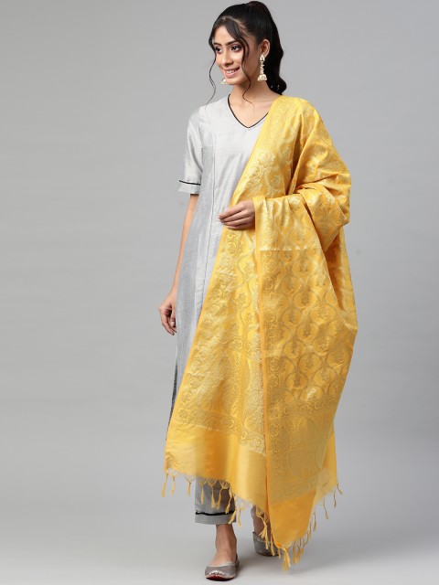 

BharatSthali Yellow & Gold-Toned Ethnic Motifs Woven Design Cotton Silk Banarasi Dupatta