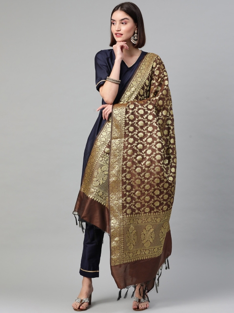 

BharatSthali Brown & Gold-Toned Ethnic Motifs Woven Design Banarasi Dupatta with Zari