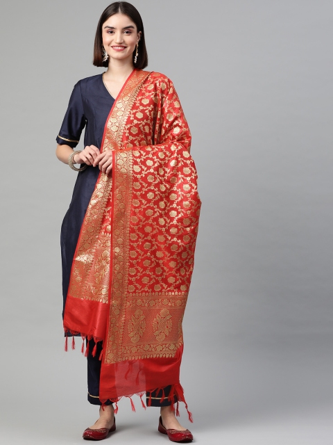

BharatSthali Red & Gold-Toned Ethnic Motifs Woven Design Banarasi Dupatta with Zari
