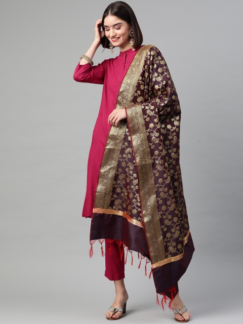 

BharatSthali Purple & Gold-Toned Ethnic Motifs Woven Design Banarasi Dupatta with Zari