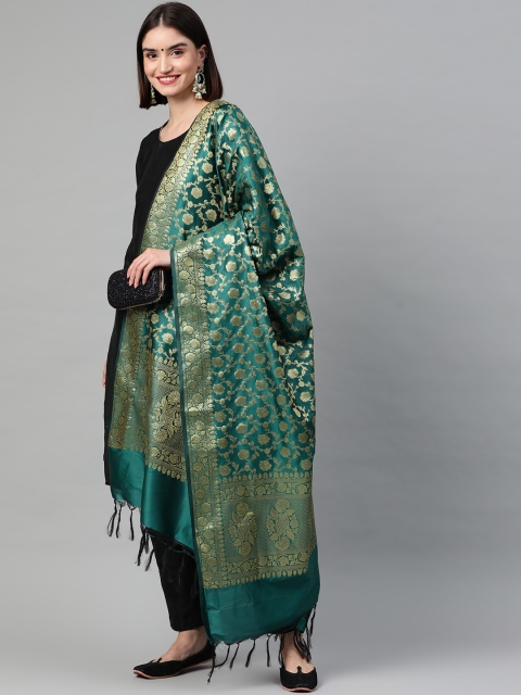 

BharatSthali Teal Green & Gold-Toned Ethnic Motif Woven Design CottonSilk Banarasi Dupatta