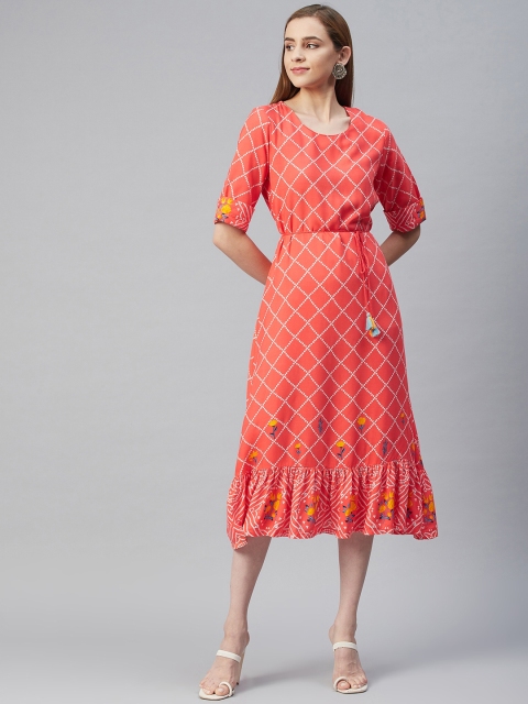 

Rangriti Coral Orange Ethnic A-Line Midi Dress