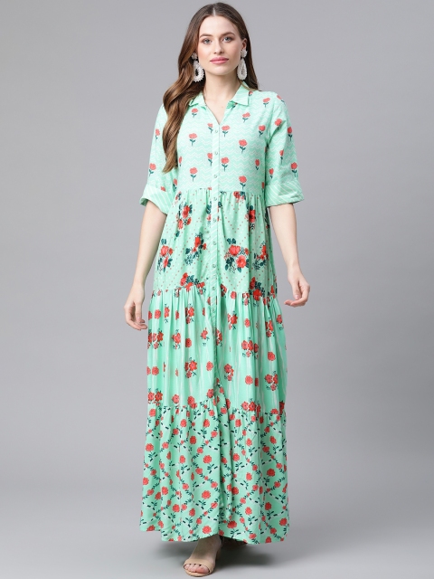 

Rangriti Women Green Floral Ethnic A-Line Maxi Dress