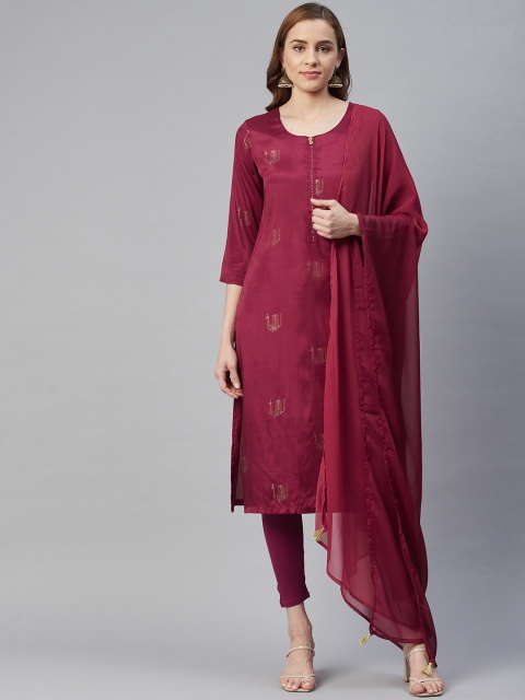 

Rangriti Women Maroon Ethnic Motifs Printed Regular Kurta with Churidar & With Dupatta