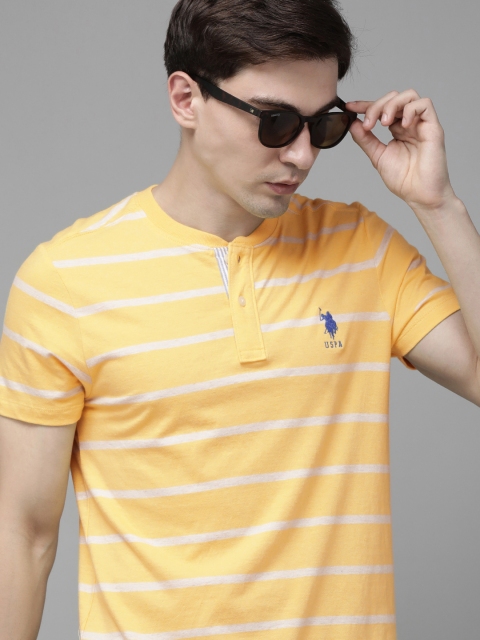 

U S Polo Assn Men Yellow & White Striped Henley Neck Slim Fit Pure Cotton T-shirt