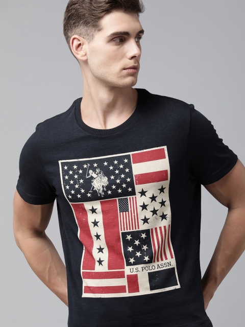 

U S Polo Assn Denim Co Men Navy Blue Brand Logo Printed Pure Cotton T-shirt