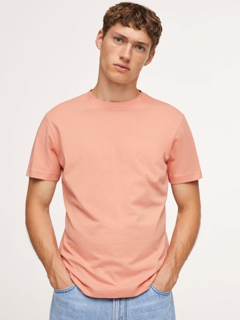 

MANGO MAN Pink Solid Pure Cotton T-shirt