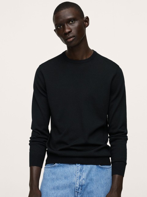 

MANGO MAN Black Pure Wool Solid Pullover