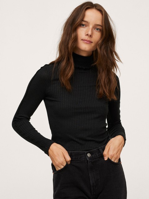 

MANGO Black Self-Striped Knitted Regular Top