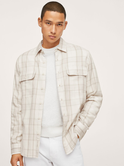 

MANGO MAN Off White & Grey Pure Cotton Tartan Checks Casual Shirt