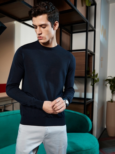 

MANGO MAN Navy Blue Woollen Solid Pullover