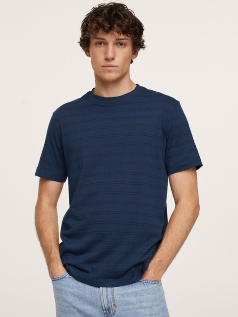 

MANGO MAN Navy Blue & Black Pure Cotton Striped T-shirt