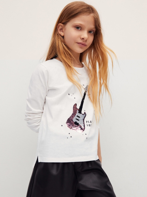 

Mango Kids Girls White Cotton Typography Print Sequined T-shirt