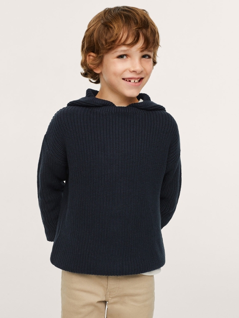 

Mango Kids Boys Navy Blue Pure Cotton Ribbed Hooded Pullover