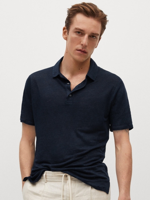 

MANGO MAN Navy Blue Polo Collar Linen T-shirt