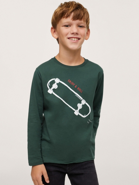 

Mango Kids Boys Green & White Graphic Print Pure Cotton T-shirt