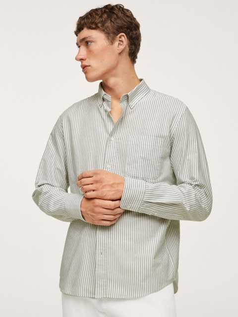 

MANGO MAN Green & White Cotton Striped Casual Shirt