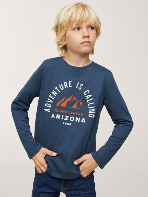 

Mango Kids Boys Navy Blue & White Typography Print Pure CottonT-shirt