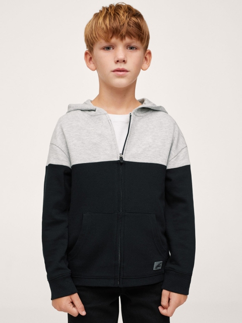 

Mango Kids Boys Grey Melange & Black Colourblocked Hooded Sweatshirt