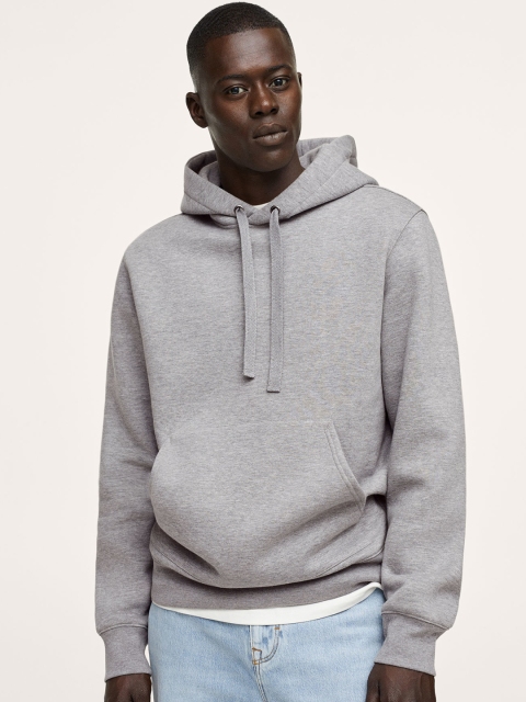 

MANGO MAN Men Grey Melange Solid Hooded Sweatshirt