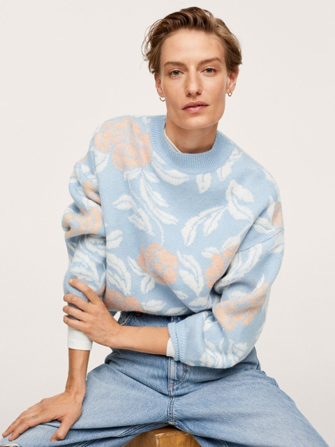 

MANGO Women Blue & White Floral Printed Pullover Sweater