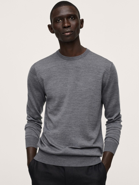 

MANGO MAN Grey Melange Pure Wool Solid Pullover