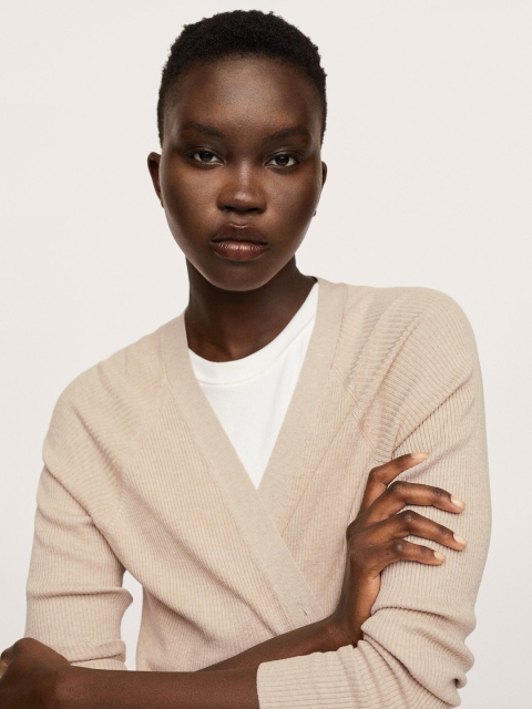 

MANGO Women Beige Ribbed Longline Cardigan