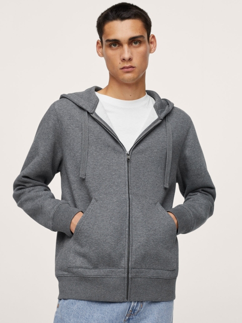 

MANGO MAN Men Grey Solid Hooded Sweatshirt