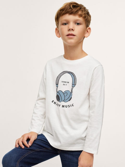 

Mango Kids Boys White & Blue Graphic Printed Pure Cotton T-shirt