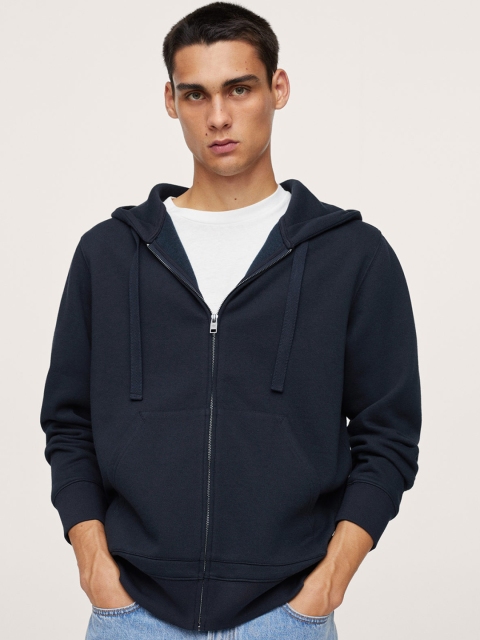 

MANGO MAN Men Navy Blue Solid Hooded Sweatshirt