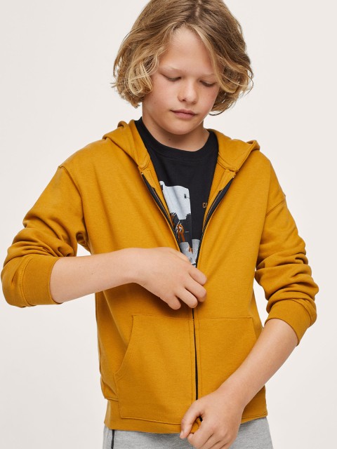 

Mango Kids Boys Mustard Yellow Solid Pure Cotton Hooded Sweatshirt