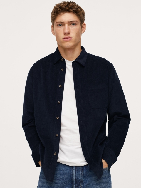 

MANGO MAN Men Navy Blue Pure Cotton Solid Corduroy Shirt