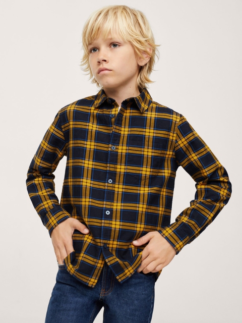 

Mango Kids Boys Navy & Mustard Yellow Pure Cotton Tartan Checked Casual Shirt, Navy blue