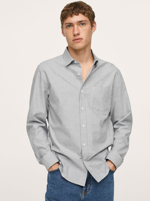 

MANGO MAN Grey & White Pure Cotton Checked Casual Shirt